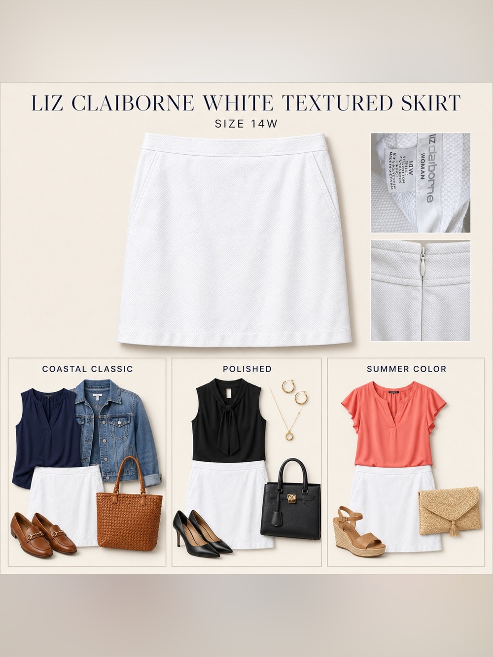 Liz Claiborne Woman White Textured Above-Knee Skirt Size 14W